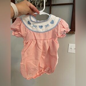 Pink Gingham Baby Bubble Romper with Blue Heart Trim